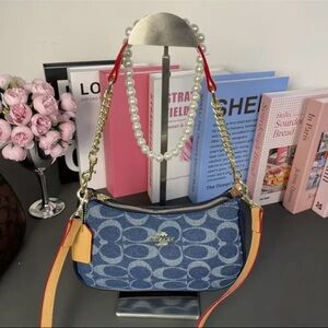 Coach Denim Blue and Tan Shoulder Bag with Red Highlights